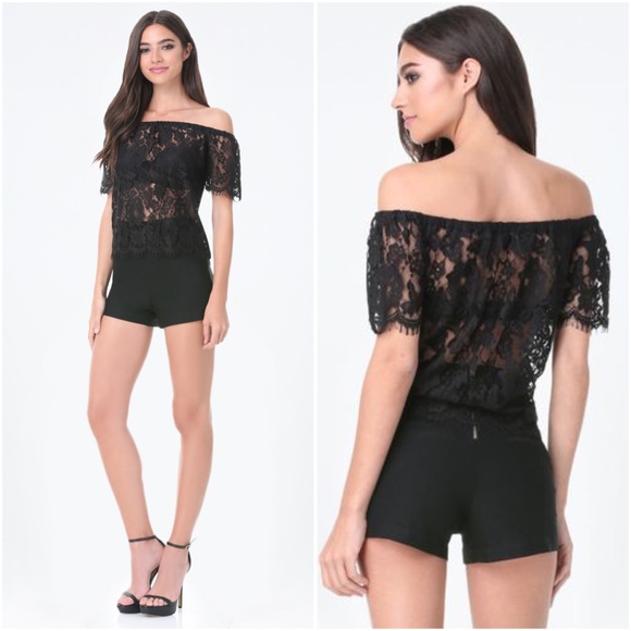 Bebe Black Lace Tied Off Shoulder Top - Picture 2 of 10